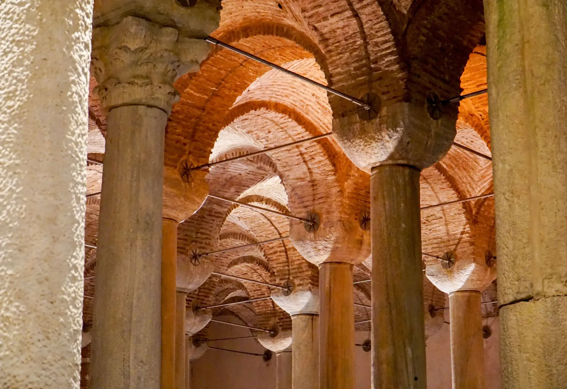 Historic columns and capitals beneath the brick vaults of the Basilica Cistern