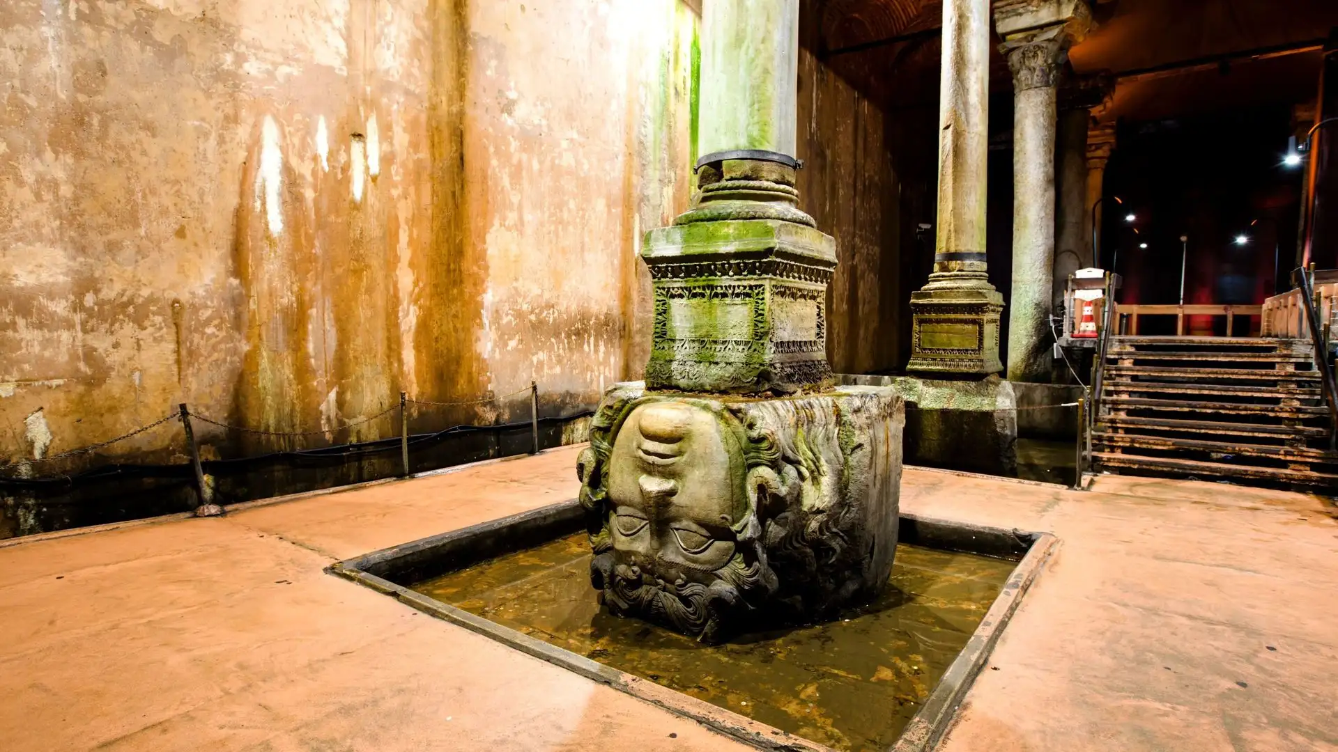 The Medusa head serving as a column base in the Basilica Cistern The Medusa head serving as a column base in the Basilica Cistern