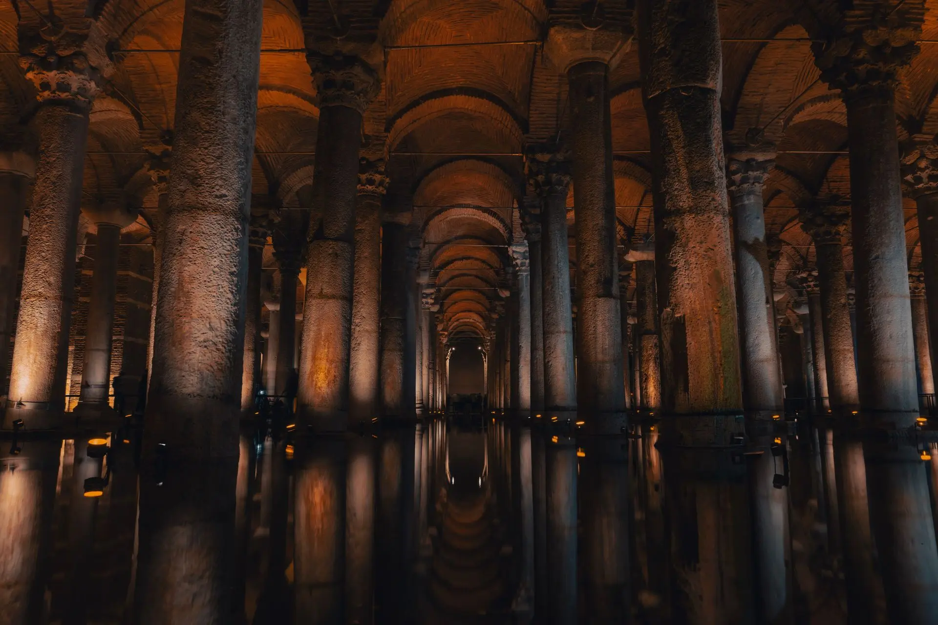 Columns of the Basilica Cistern reflected in the shallow water