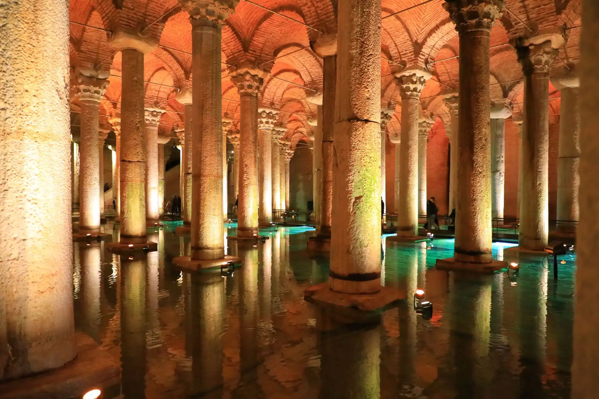 Illuminated rows of columns in the Basilica Cistern in Istanbul