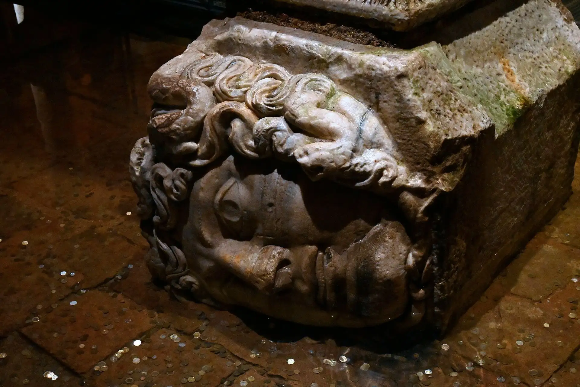 The sideways Medusa head column base in the Basilica Cistern