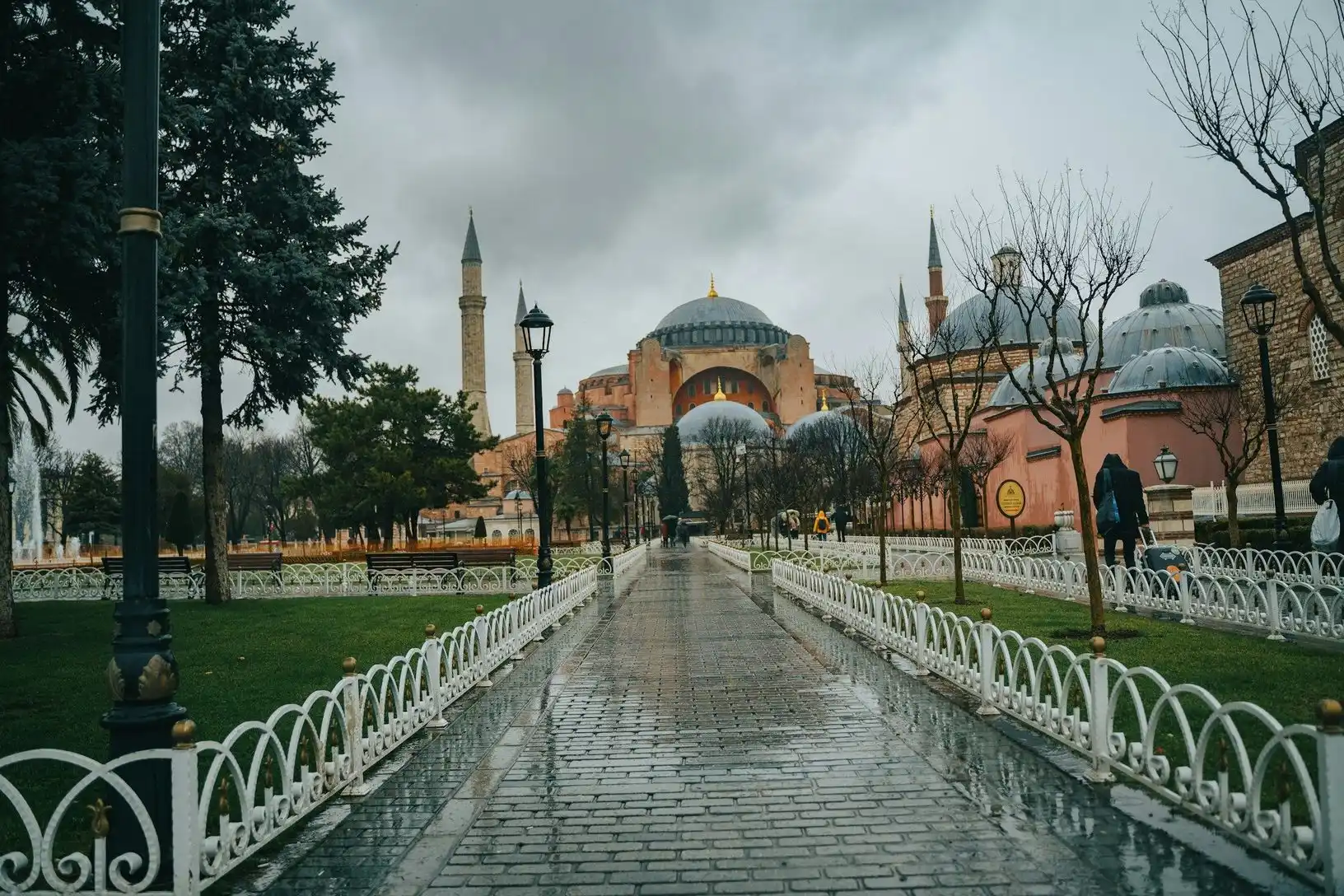 Hagia Sophia across a quiet Sultanahmet park path in the early morning Hagia Sophia across a quiet Sultanahmet park path in the early morning