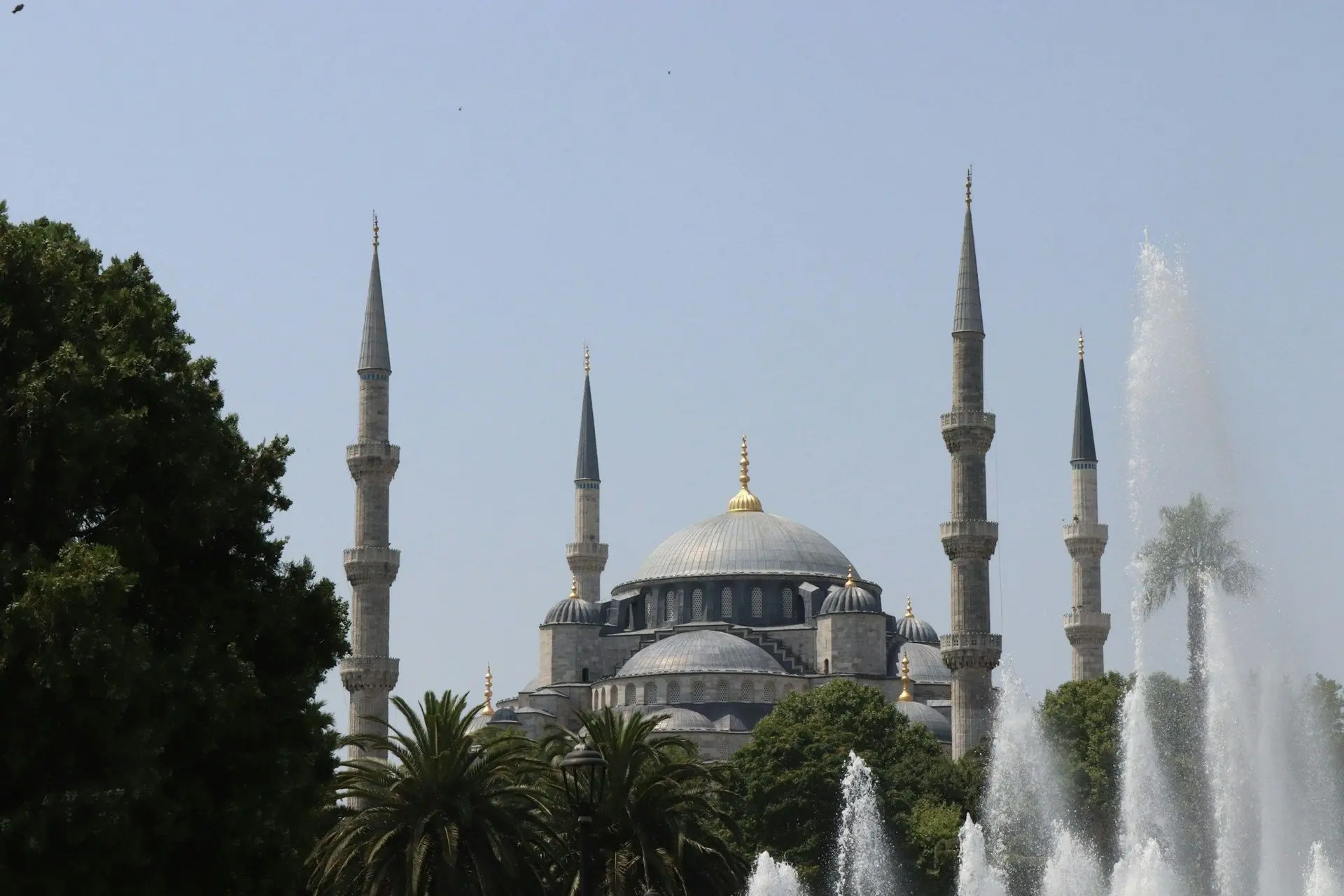 The Blue Mosque seen across the fountain of Sultanahmet Square near the Basilica Cistern
