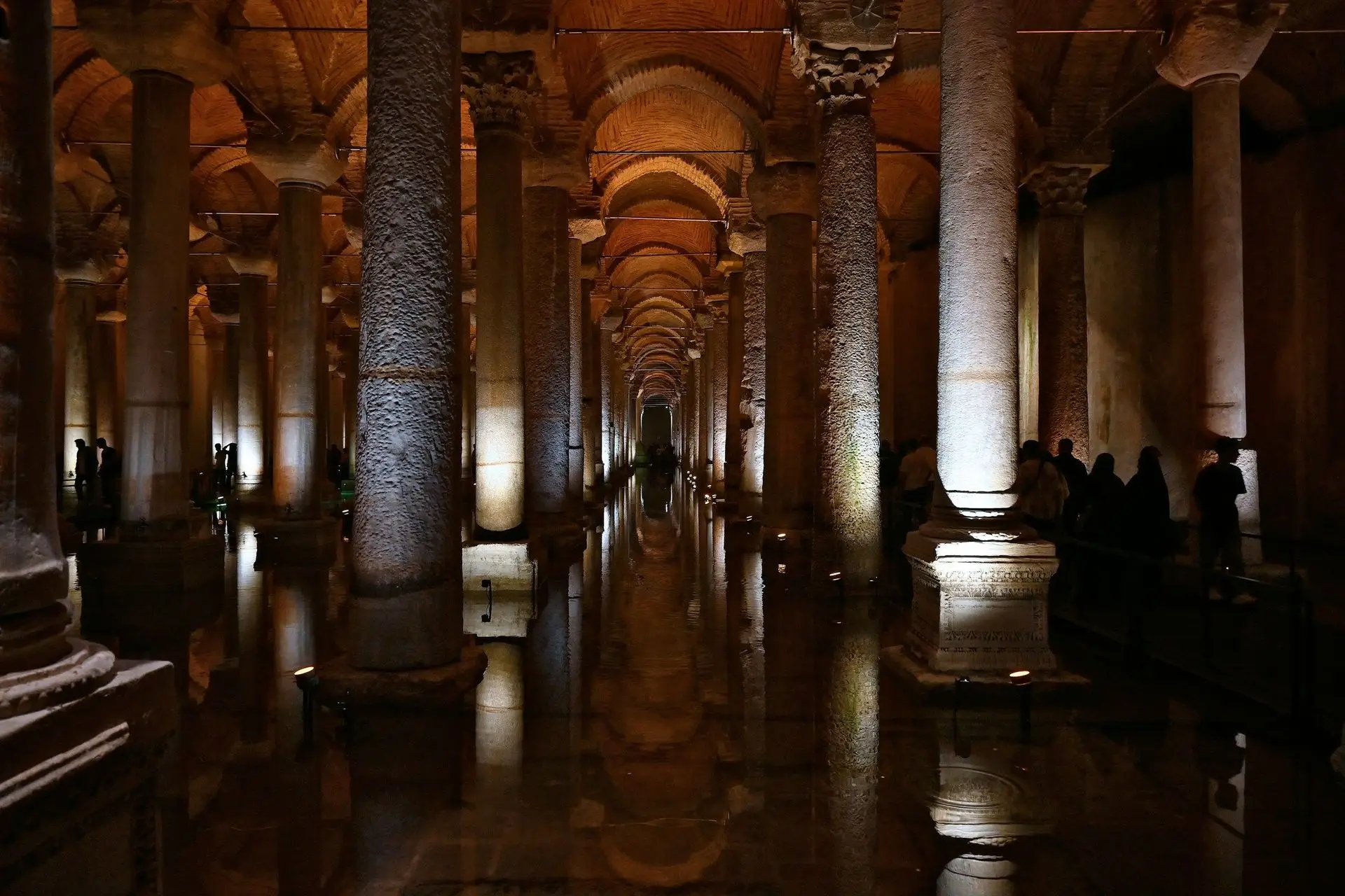 The empty column hall of the Basilica Cistern reflected in the water The empty column hall of the Basilica Cistern reflected in the water
